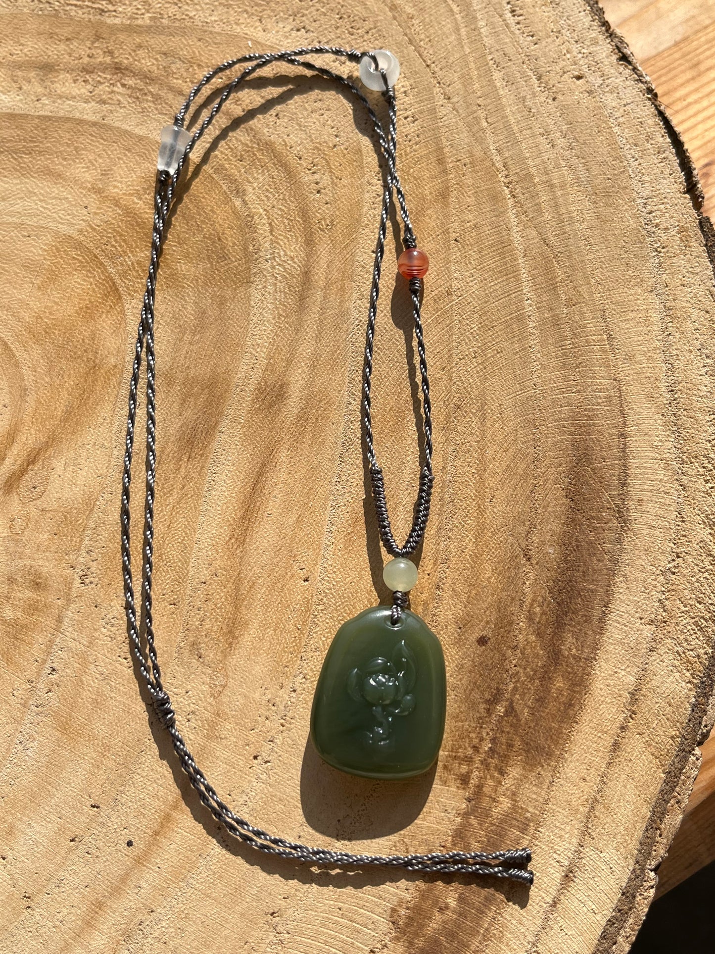 Handmade Necklace with A Hetian Green Jade Happy Buddha Pendant，和田湖水绿逍遥佛