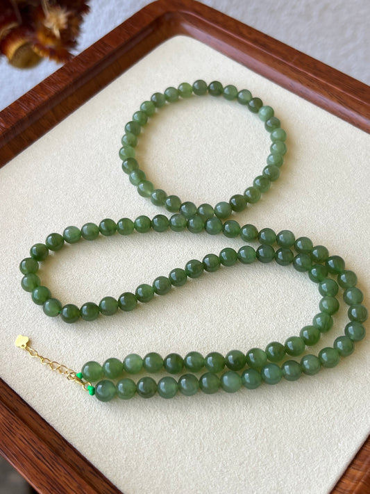 6mm Green Hetian Jade Set - Necklace and Bracelet