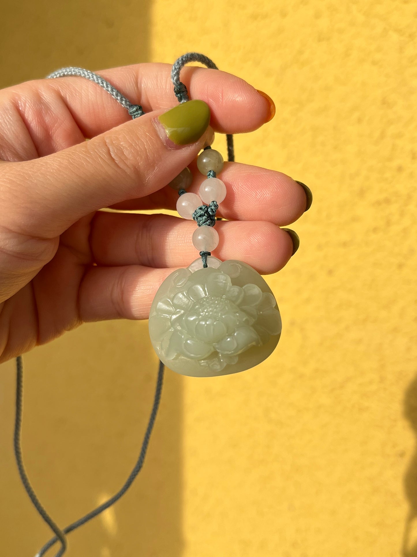 Hand Carved Hetian Jade Peony Flower Ruyi Blessing Lock Pendant, 和田且末奶蓝手雕牡丹如意锁吊坠