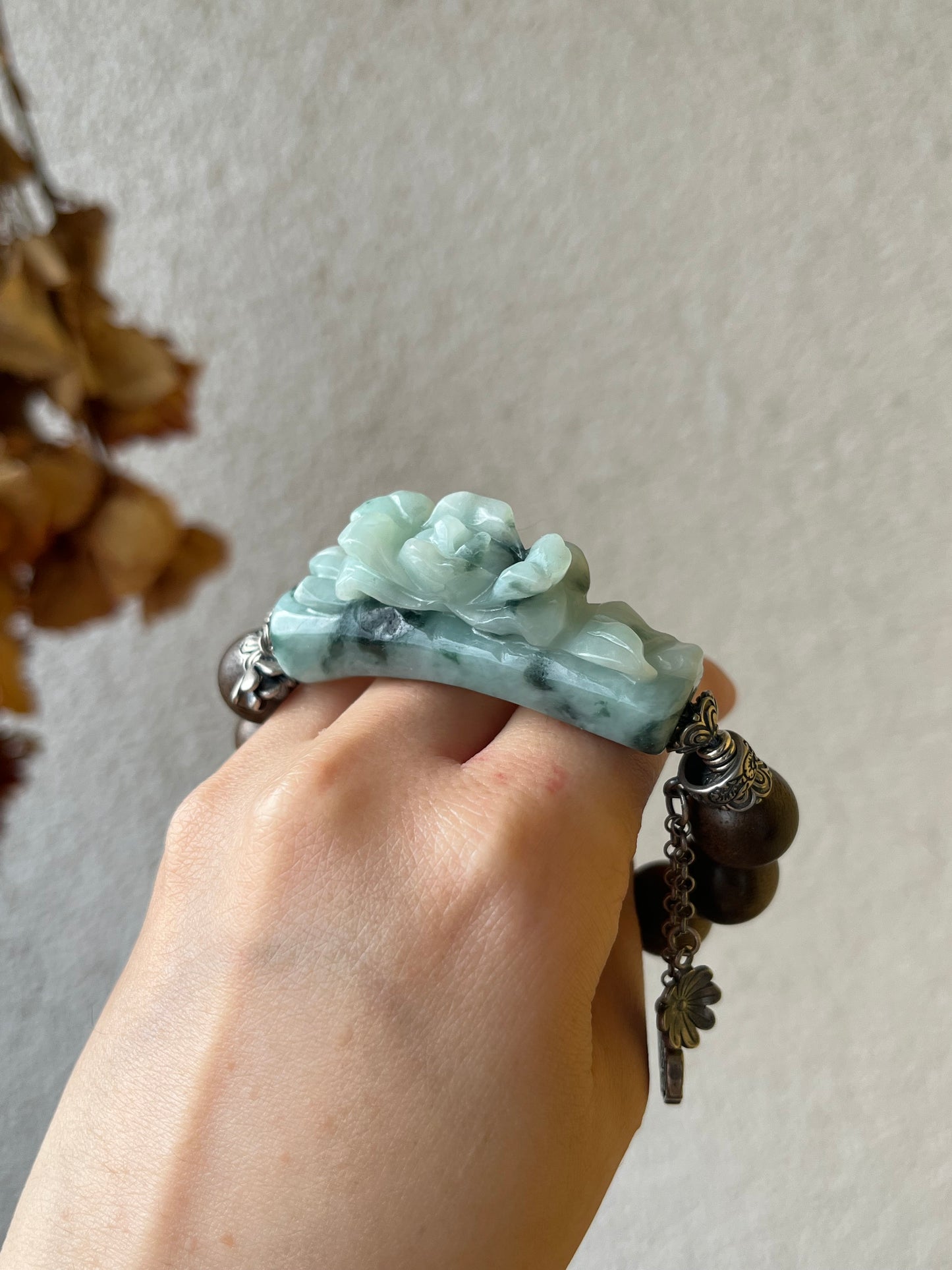 Handwoven Bracelet with a Hand Carved Jadeite Peony Flower and 12mmm Agarwood Beads, 手编沉香翡翠牡丹手牌