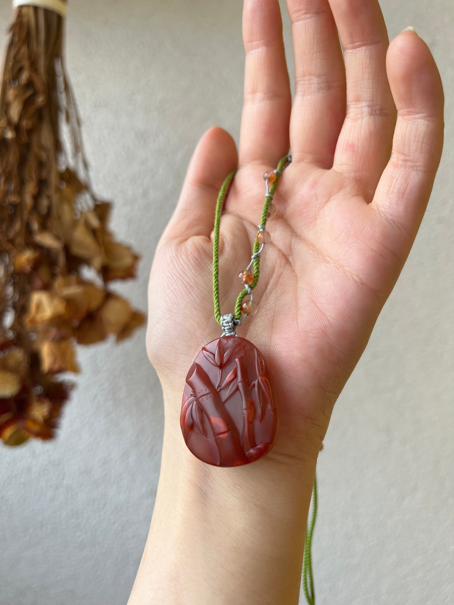 Handmade Necklace with a Hand Carved Nanhong Agate Bamboo Pendant, 手雕南红竹节