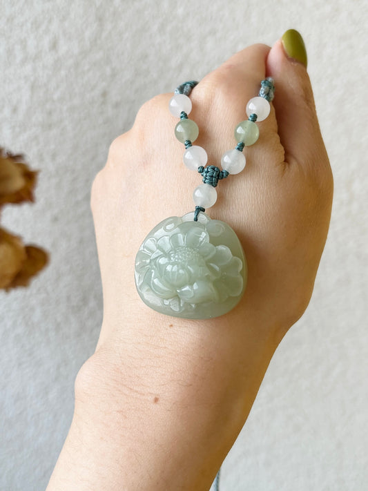 Hand Carved Hetian Jade Peony Flower Ruyi Blessing Lock Pendant, 和田且末奶蓝手雕牡丹如意锁吊坠