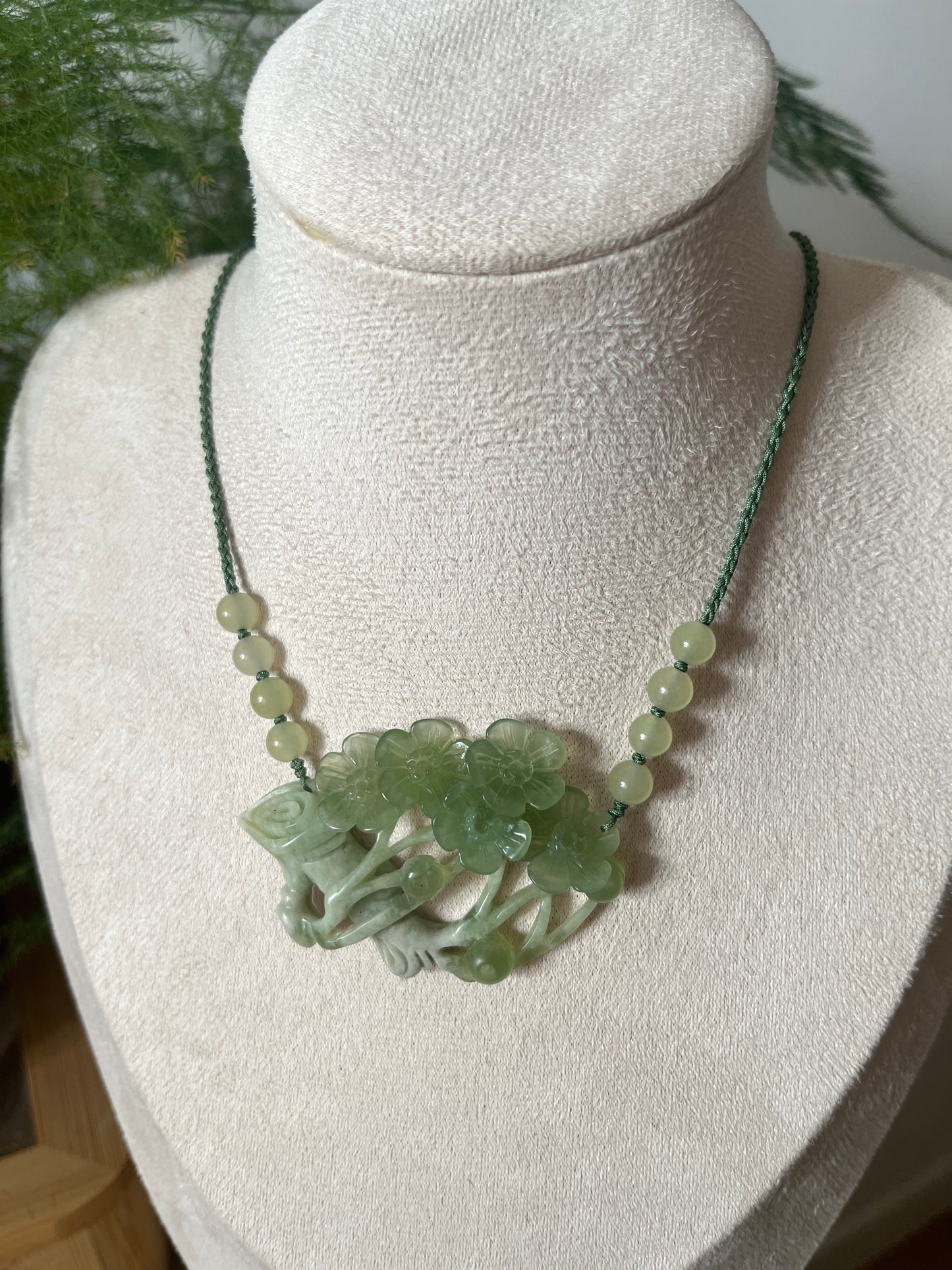 Hand Carved Green Xiu Jade Plum Blossom