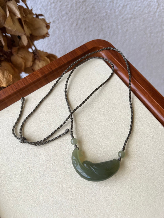 Hand Carved Light Green Hetian Jade Rabbit on the Moon Pendant