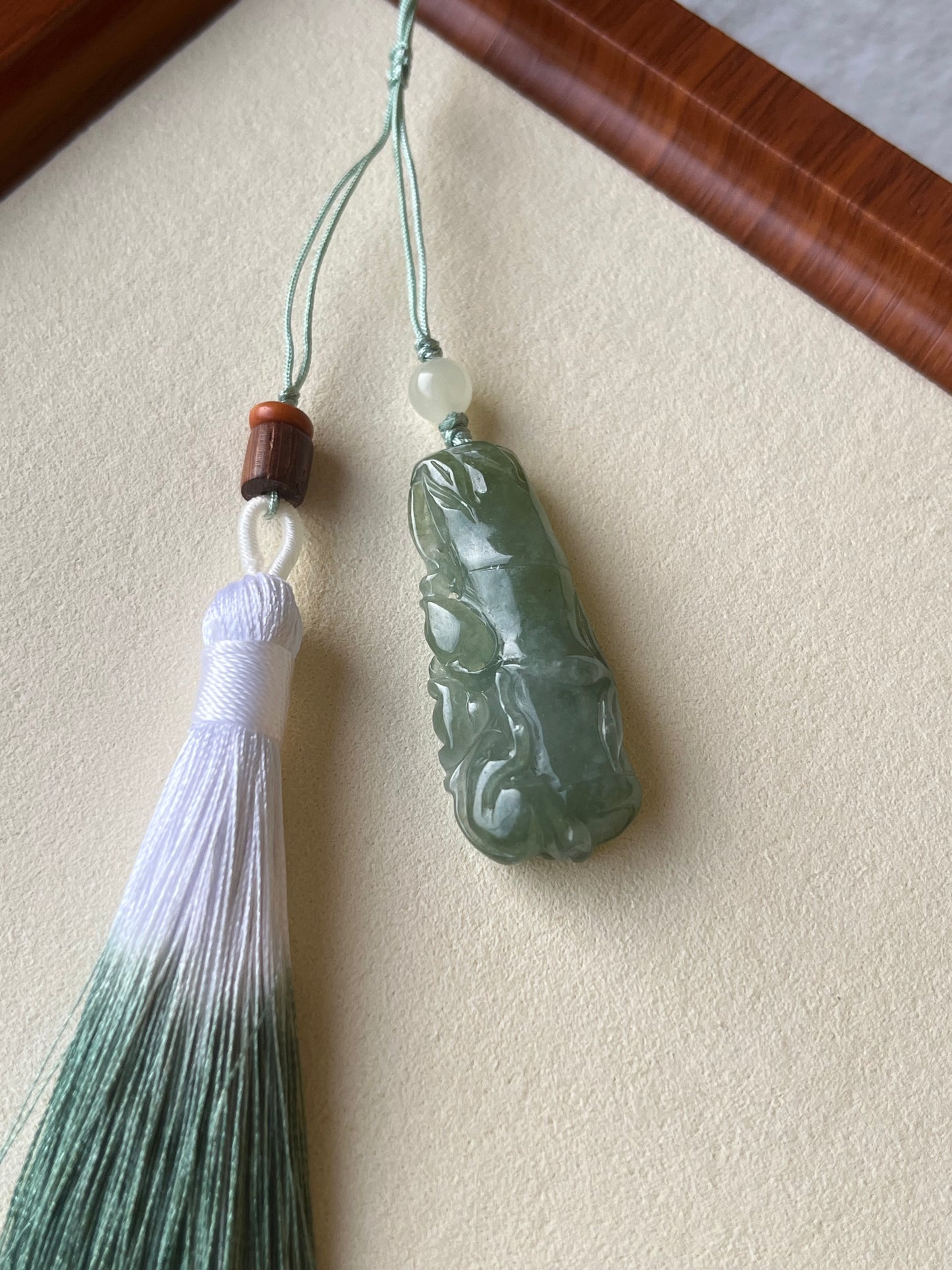 Handmade Bag Charm with a Hand Carved Jadeite Monkey and Bamboo Pendant