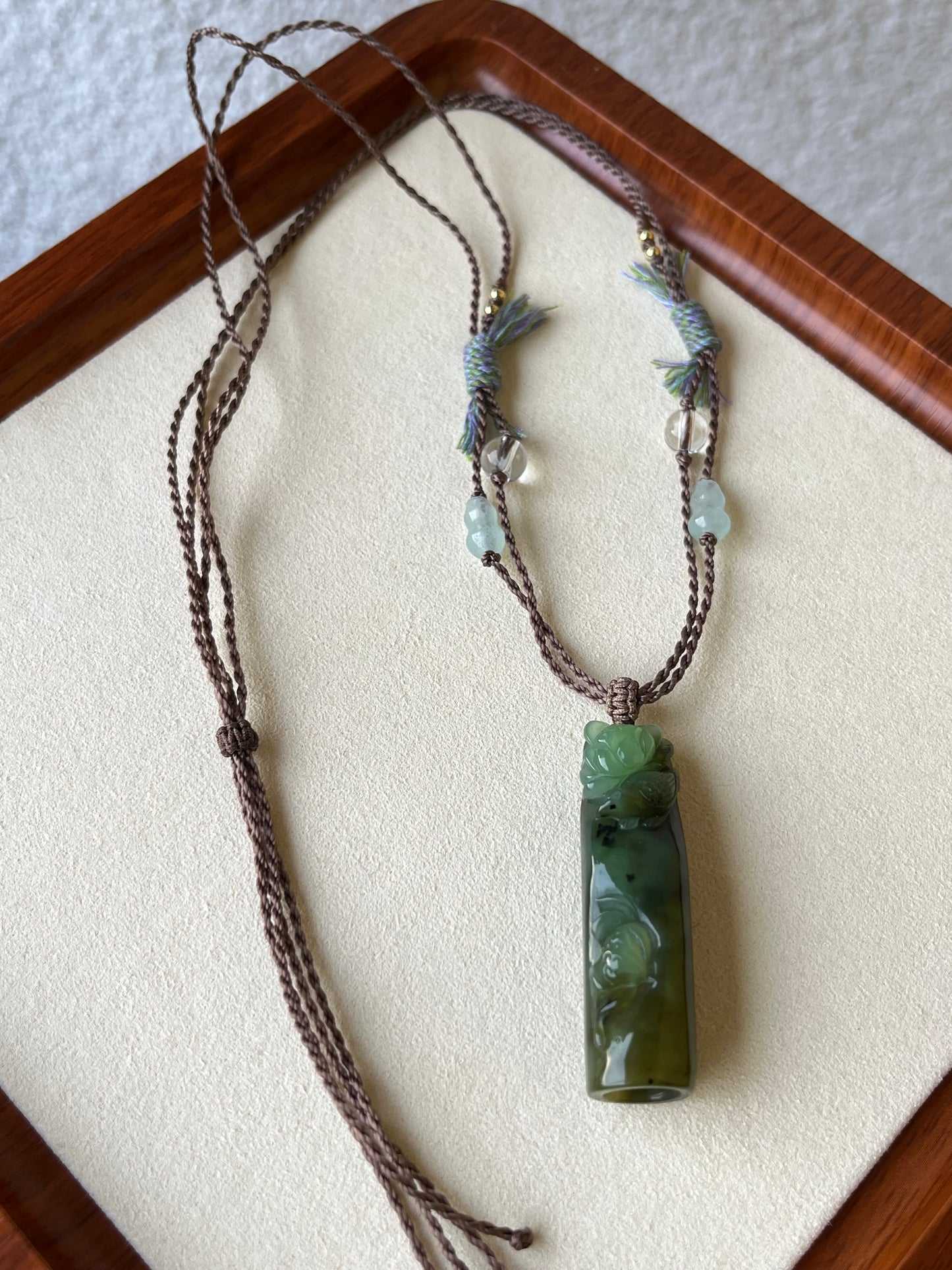 Hand Carved Green Hetian Jade Lotus and Magpie Pendant | 手雕和田碧玉喜鹊荷花吊坠