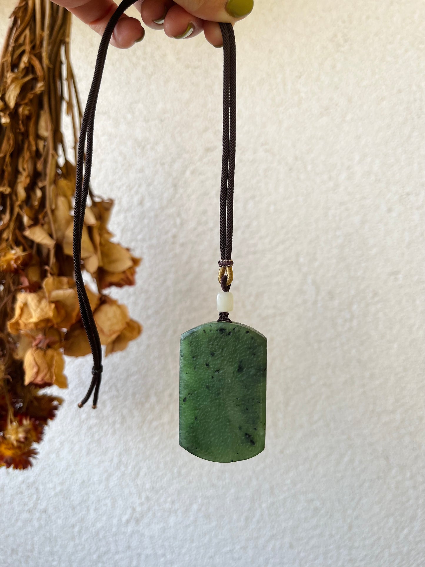 Antique-style Green Hetian Jade Flat Pendant Necklace, 古风碧玉无事牌