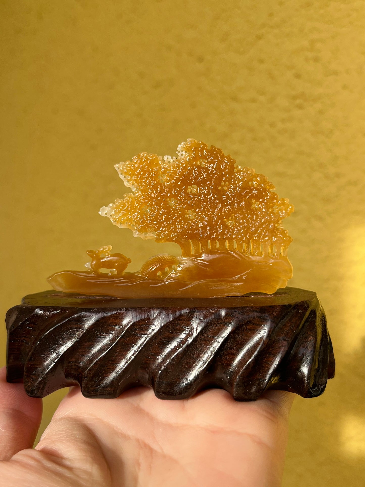 Hand Carved Brown Hetian jADE Deers and Tree Ornament, 手雕和田糖玉小鹿（一路有你）摆件
