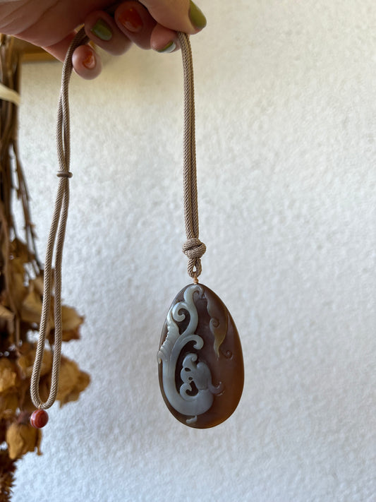 Hand Carved Brown and White Hetian Jade Chi Dragon Pendant | 和田糖白俏色巧雕螭龙