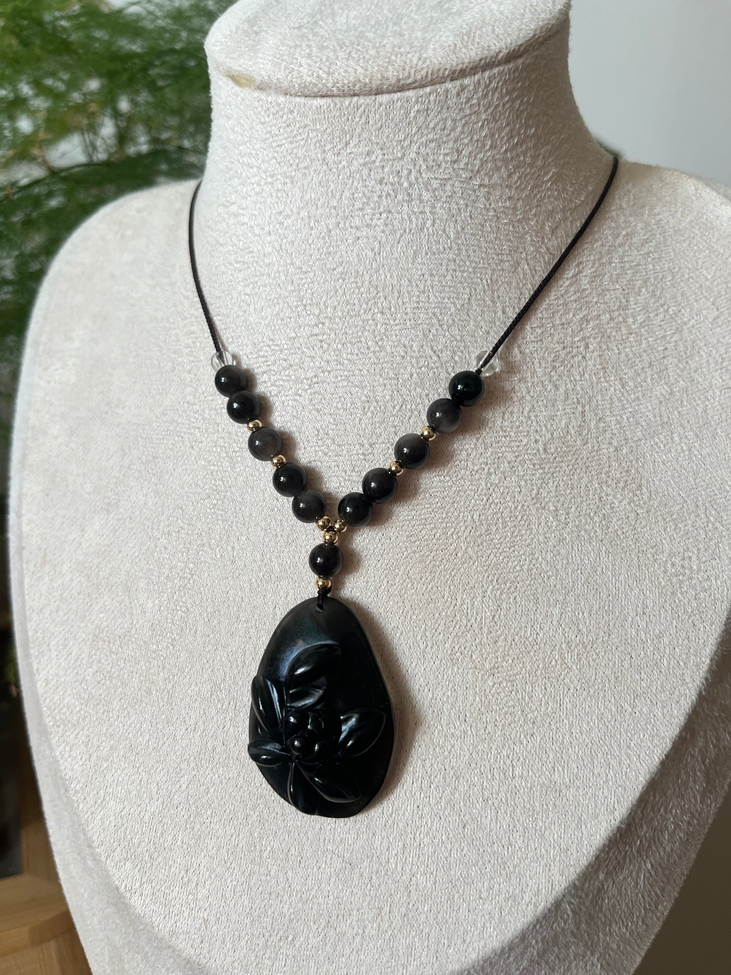 Hand Carved Black Xiu Jade Lotus Necklace