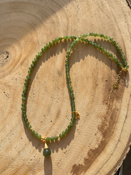Green Hetian Jade Beaded Necklace with S925 Accessories