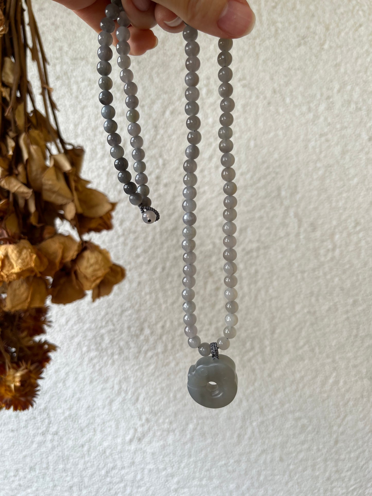 Necklace Crafted from Hetian Jade Smoky Purple Pig Dragon and 6mm Hetian Jade beads