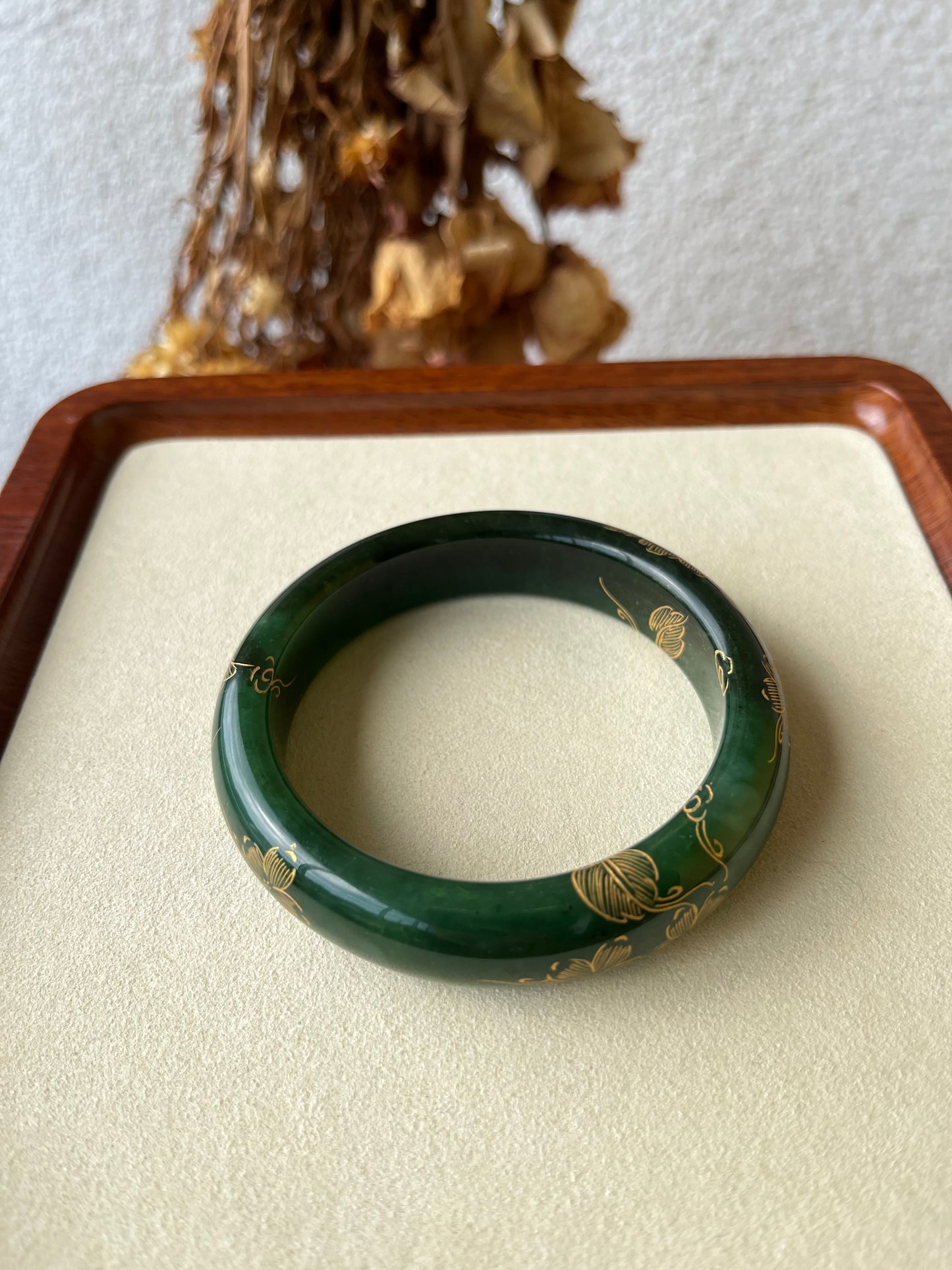 Hetian Jade Bangle with Hand-painted Gold Accents 62mm, 和田碧玉描金宽版手镯