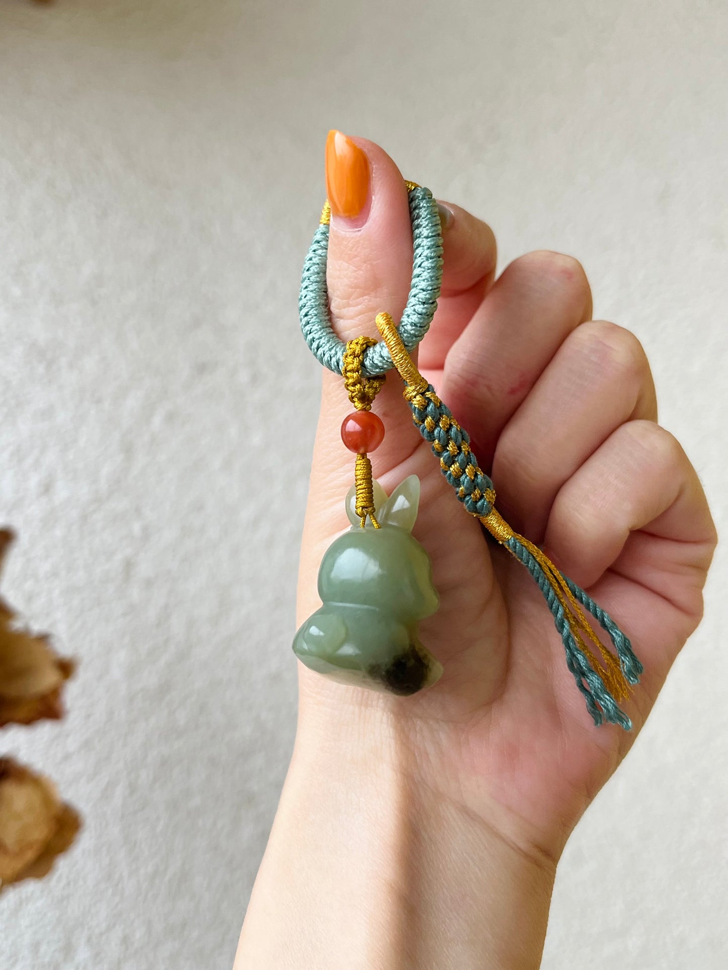 Handmade Bag Charm with a Super Cute Hand Carved Blue Hetian Jade Rabbit