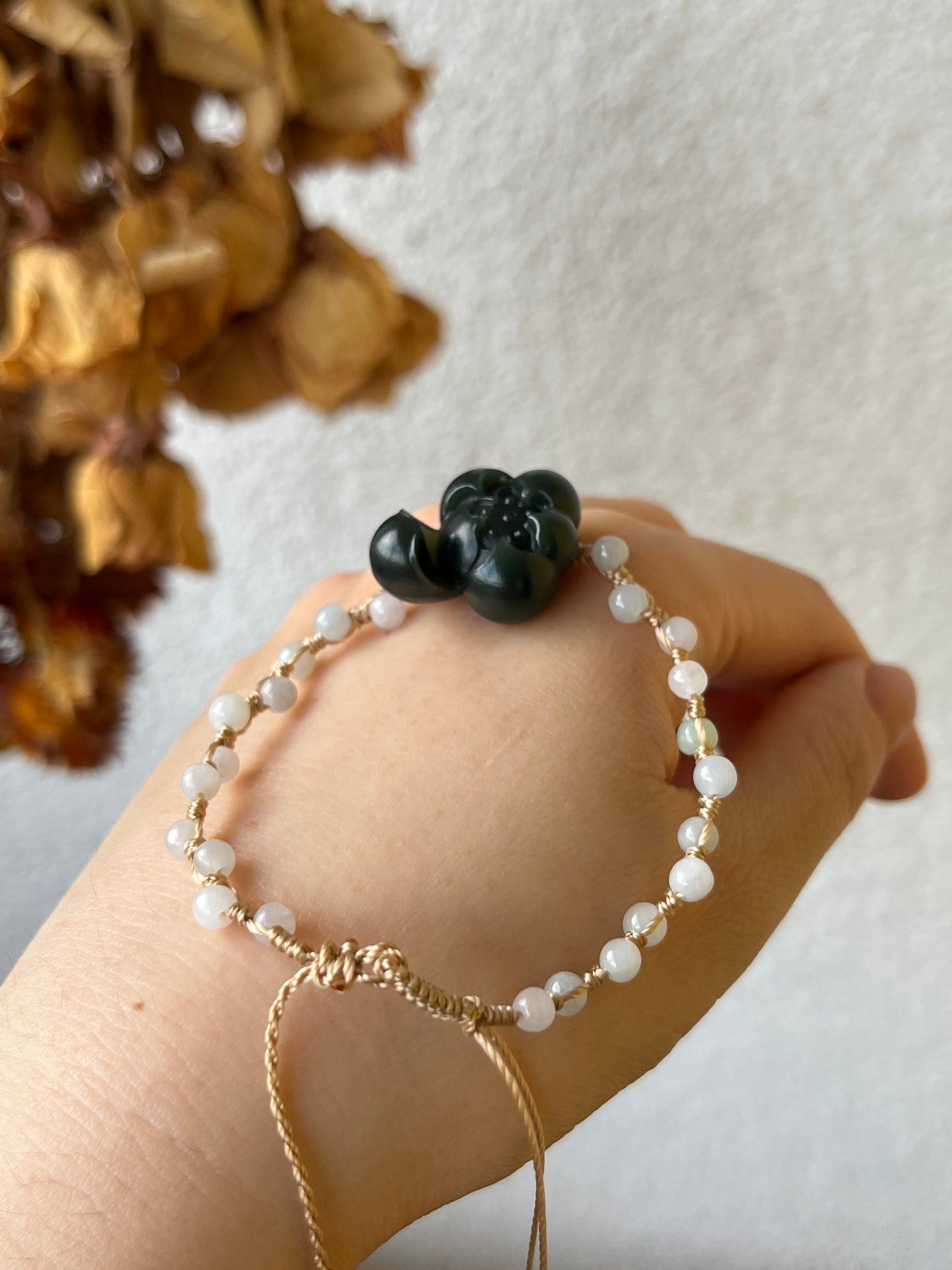 Handmade Bracelet with a Dark Cyan Hetian Jade Lotus | 手编和田青玉一细小荷花手牌