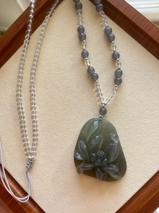 Hand Carved Icy Gray Xiu Jade Lotus Necklace