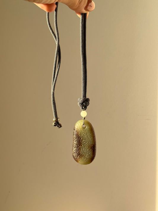Antique-style Brown and Blue Hetian Jade Flat Pendant, 和田戈壁料古风无事牌