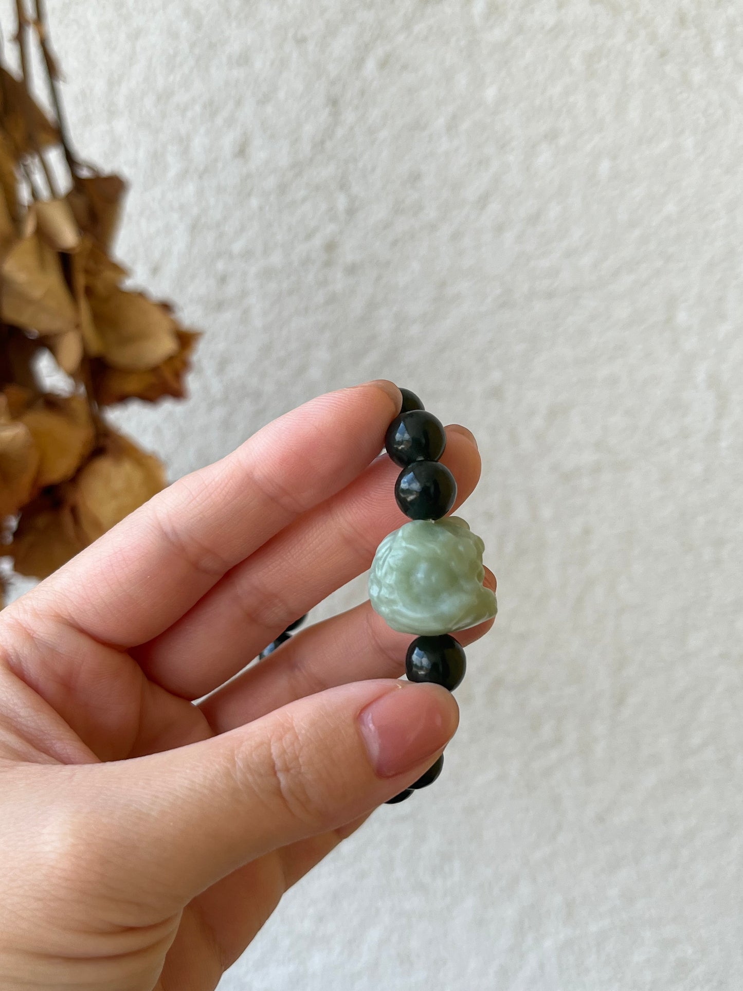 9mm Dark Cyan Hetian Jade Beaded Bracelet with a Blue Hetian Jade Lion Dance Head