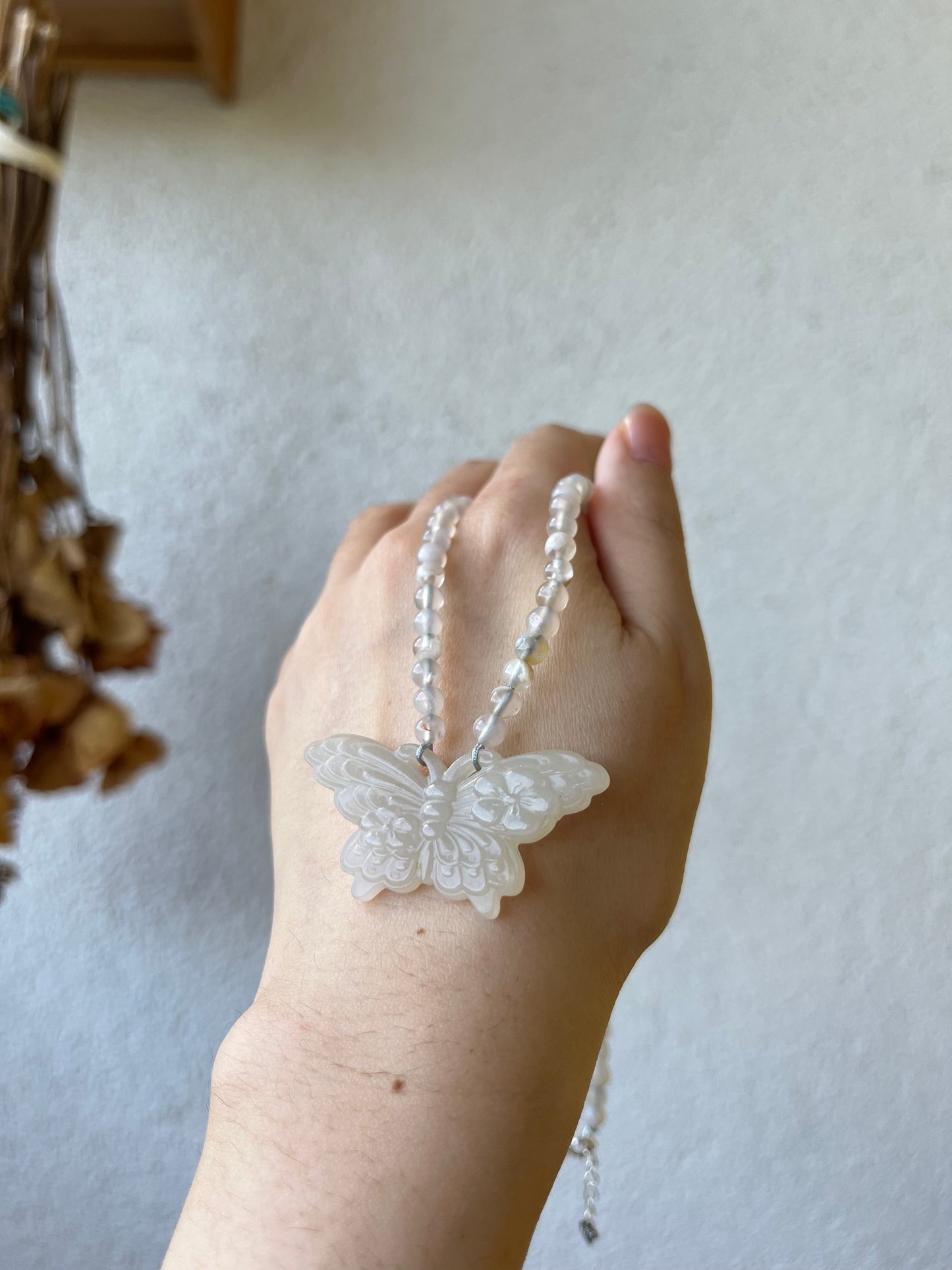 Handmade Necklace with Carved Hetian Jade Butterfly and 4mm Sakura Agate Beads