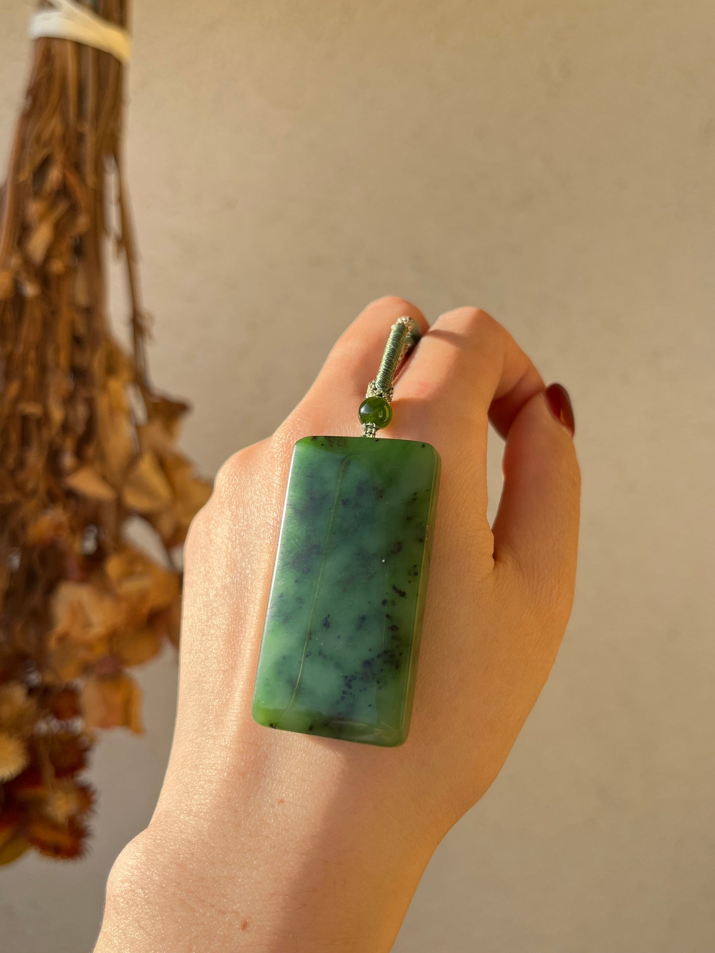 Necklace with a Green Hetian Jade Flat Pendant，和田老矿碧玉无事牌