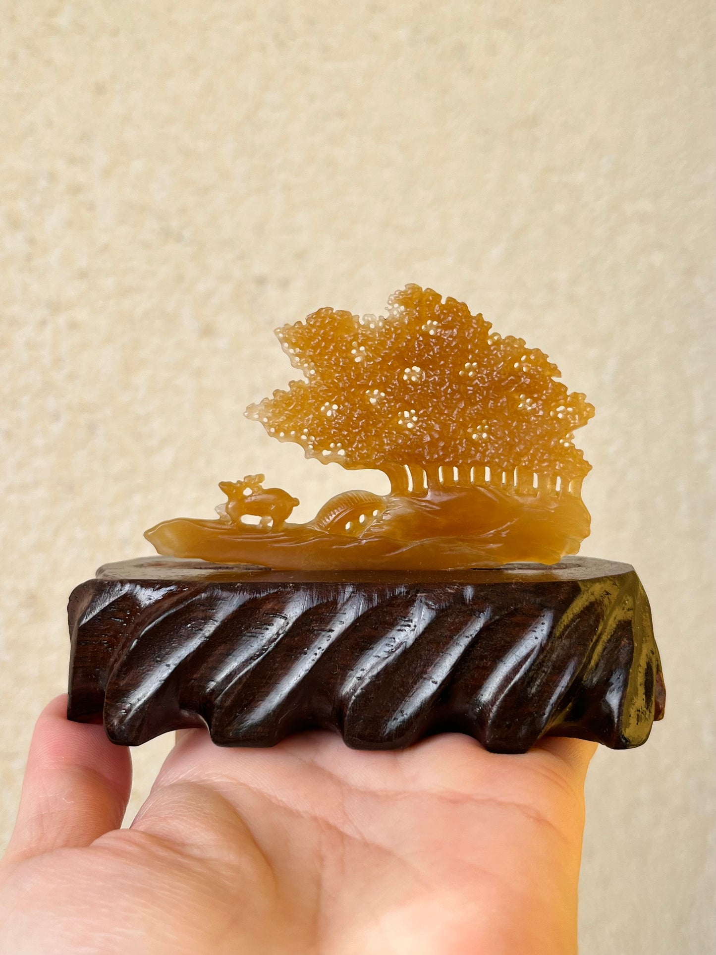 Hand Carved Brown Hetian jADE Deers and Tree Ornament, 手雕和田糖玉小鹿（一路有你）摆件