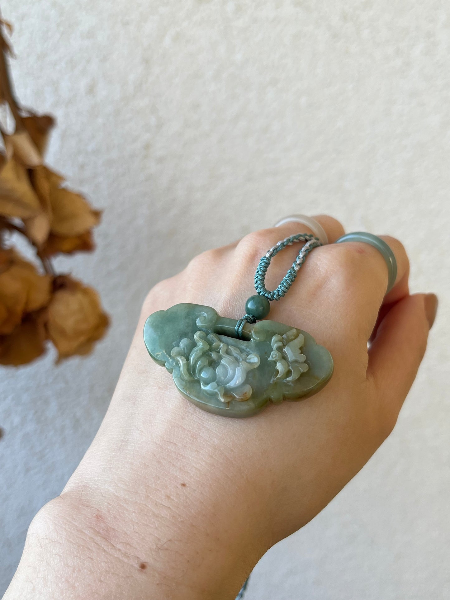 Necklace Crafted from a Hand Carved Jadeite Peony Flower Ruyi Pendant