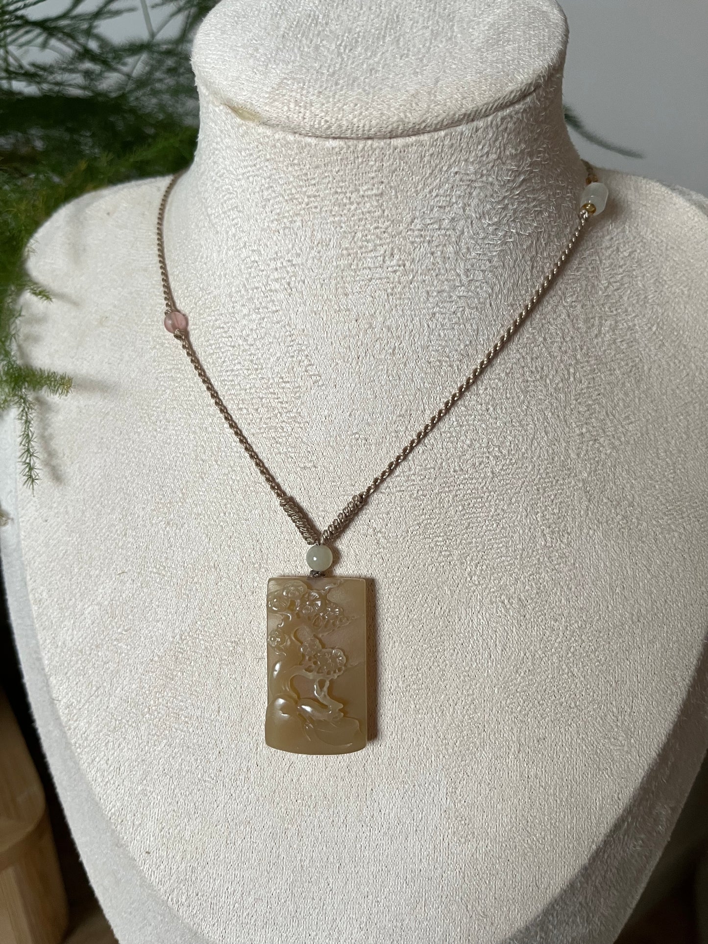 Hand Carved Brown Hetian Jade Deer and Plum Blossom Pendant | 手雕和田梅花和鹿山水牌