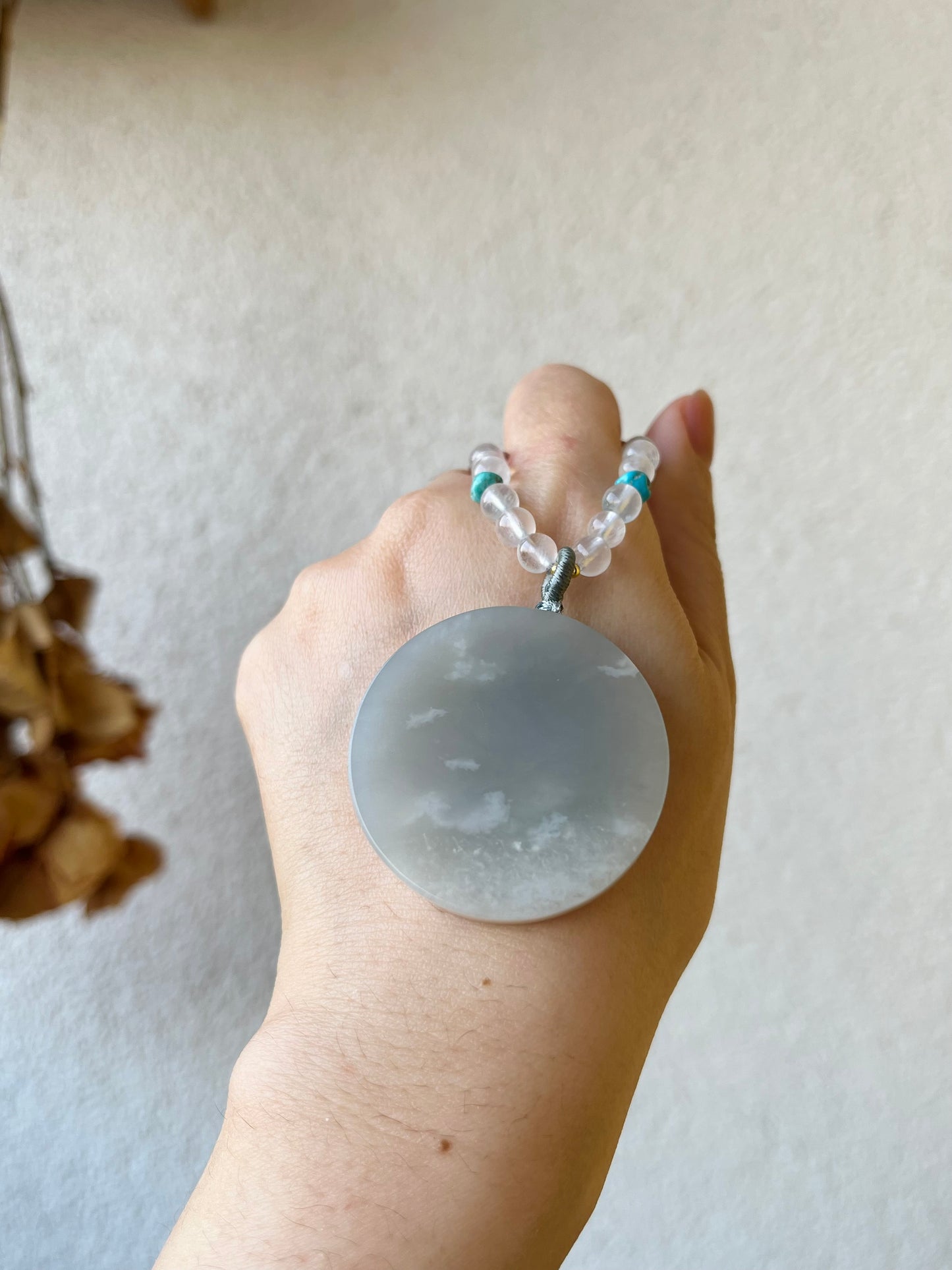 Handmade Necklace with a Purple Hetian Jade Round Shaped Pendant and Moonstone Beaded Cord