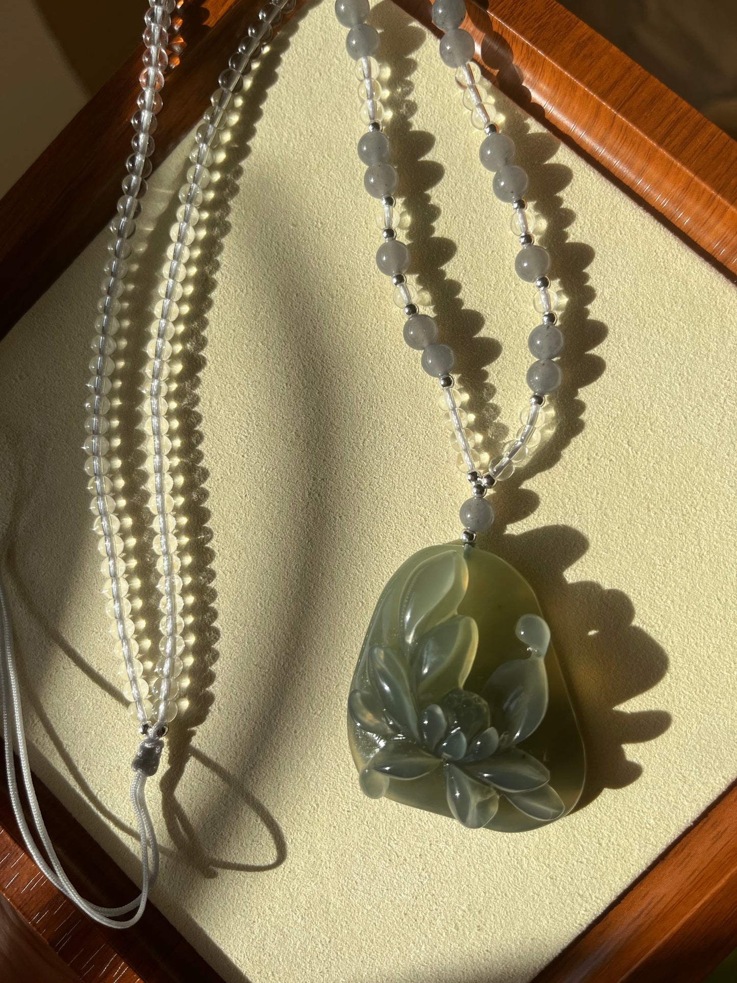 Hand Carved Icy Gray Xiu Jade Lotus Necklace