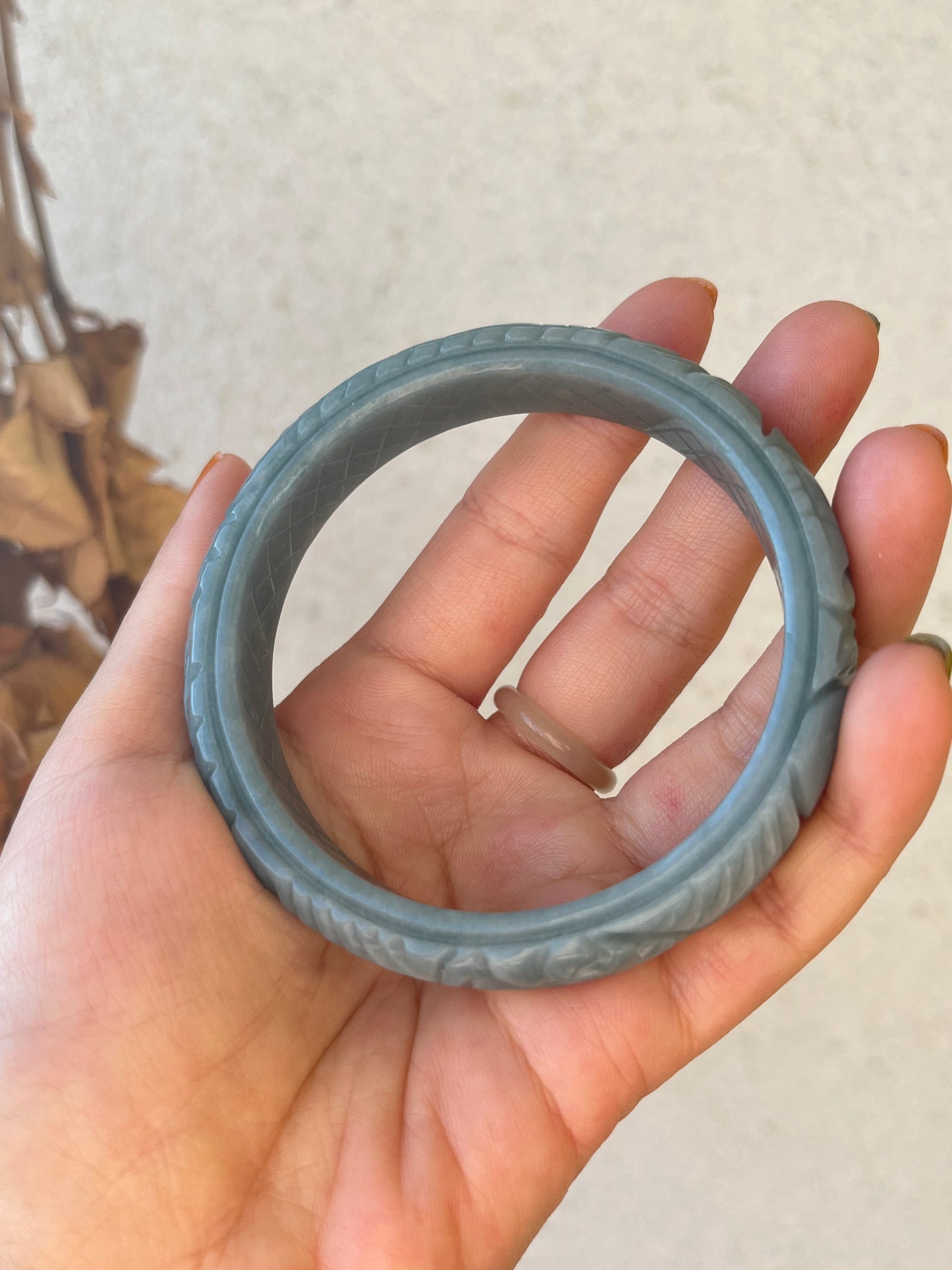 Sky Blue Jadeite Carved Bangle 60mm, Phoenix Motif | 天空蓝翡翠凤凰雕刻手镯