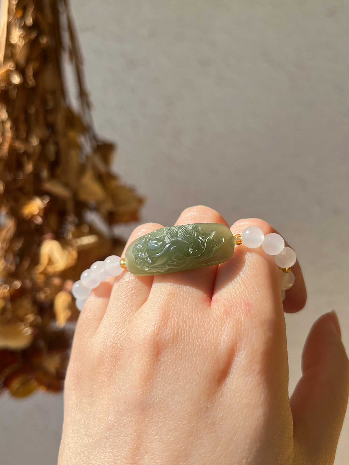 Handmade Bracelet with a Hand Carved Green Hetian Jade Nine Tailed Fox Pendant