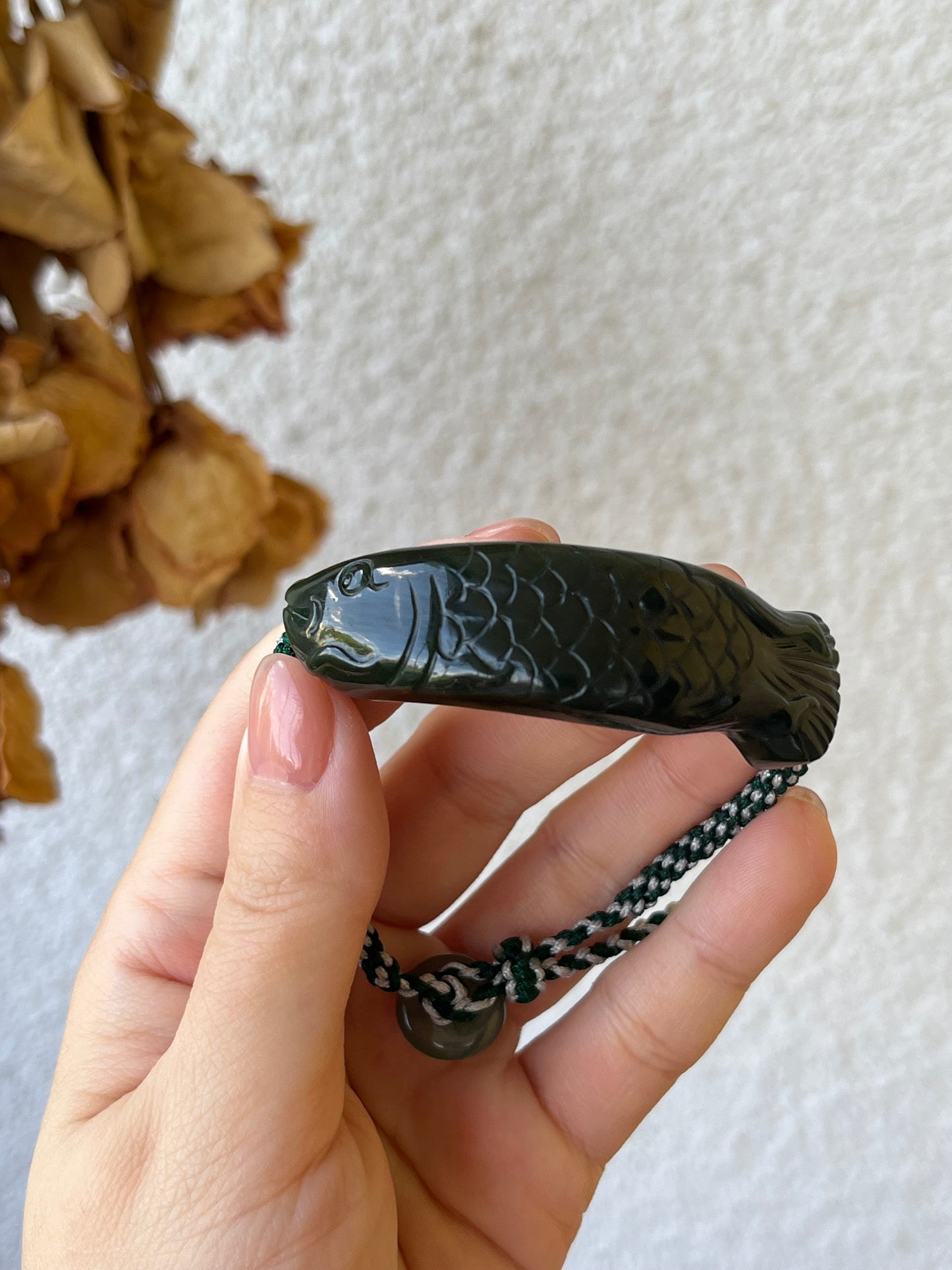 Handmade Bracelet with a Hand Carved Dark Green Hetian Jade Fish Pendant，碧玉红皮老料鱼手牌