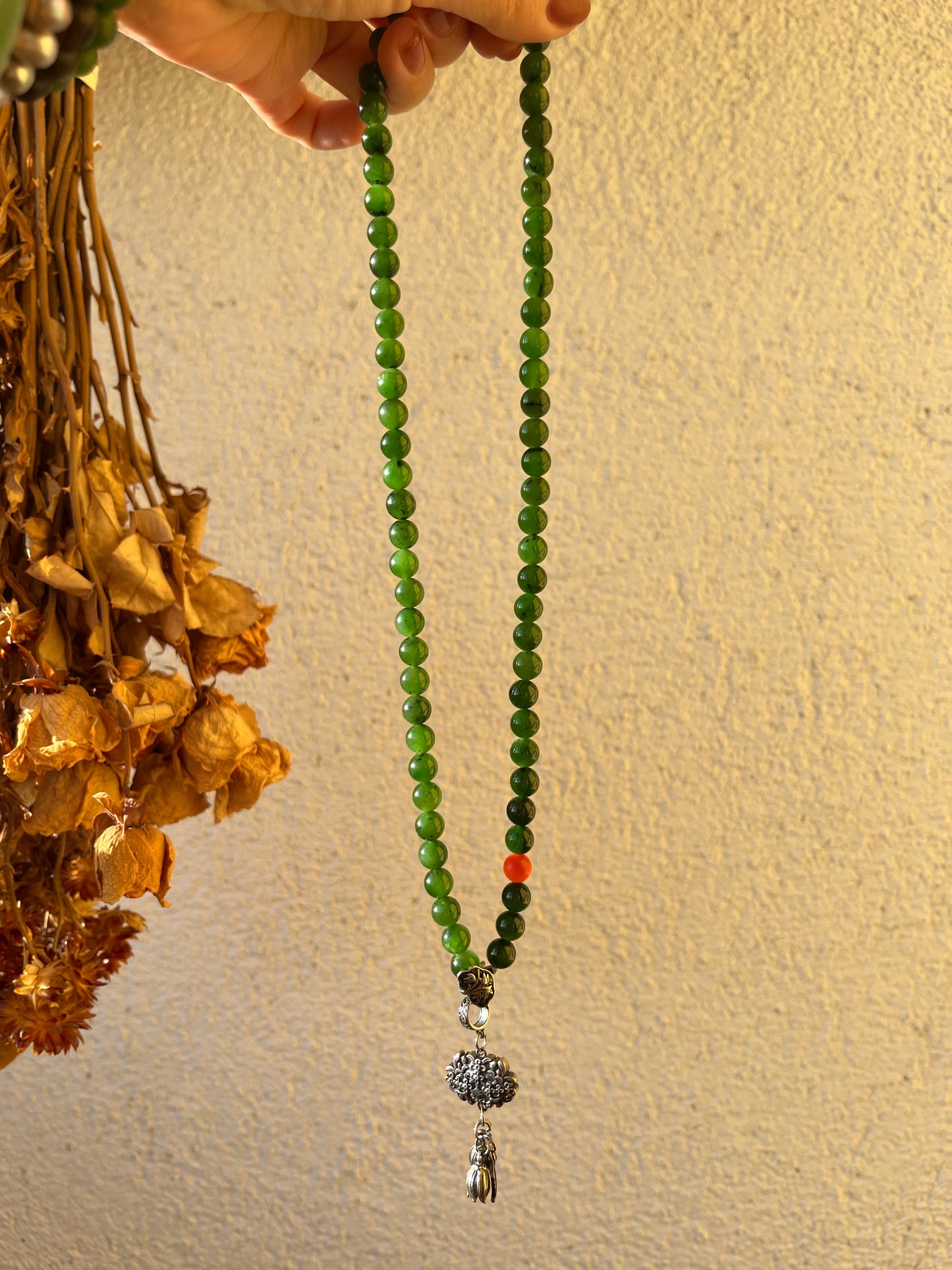 8mm Green Hetian Jade Beaded Long Necklace | 和田老矿碧玉长链