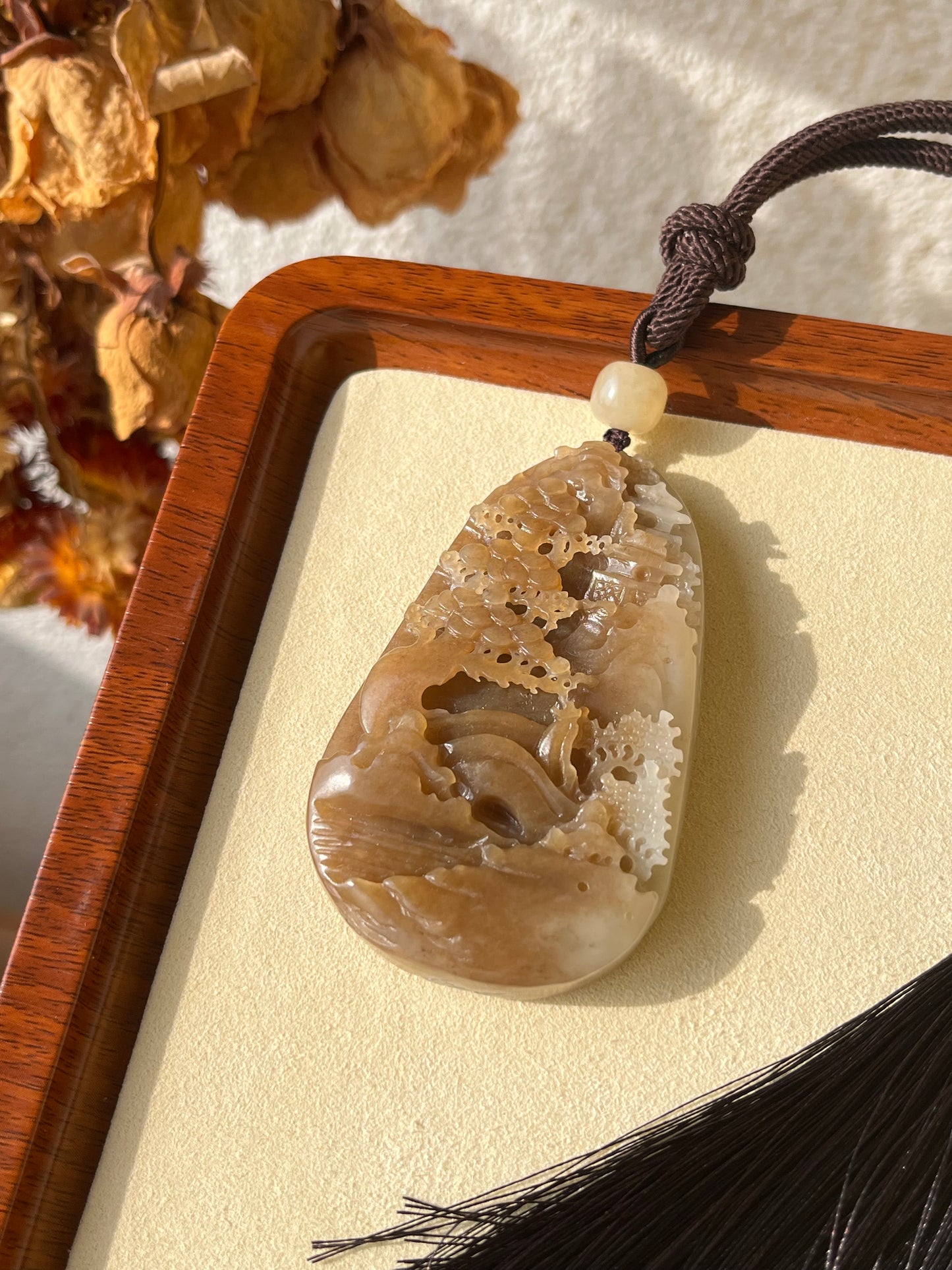 Hand Carved Brown and White Hetian Jade Landscape Pendant | 手雕糖白和田玉山水手把件