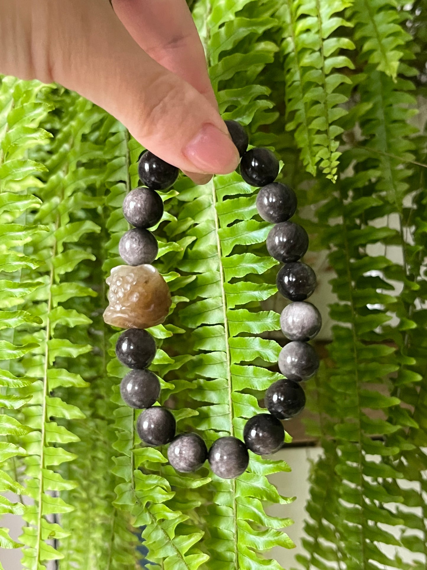 11mm Obsidian Beaded Bracelet with a Brown Hetian Jade Lion Dance Head