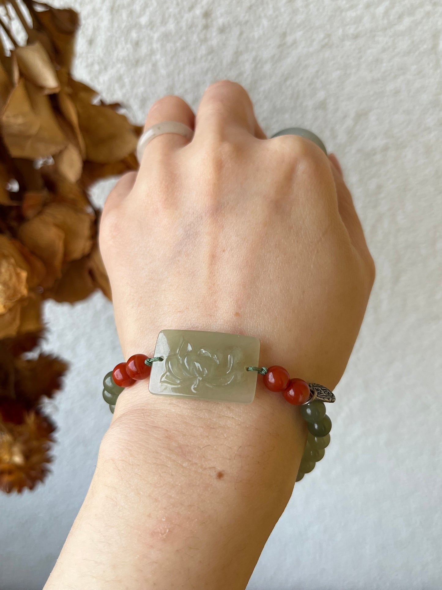Handmade Hetian Jade Bracelet with a Lotus Pendant