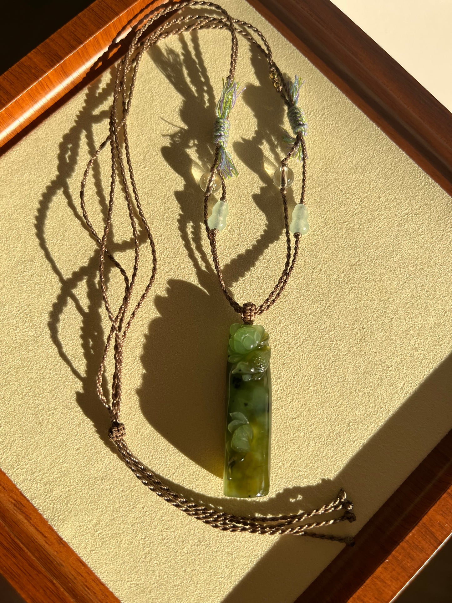 Hand Carved Green Hetian Jade Lotus and Magpie Pendant | 手雕和田碧玉喜鹊荷花吊坠