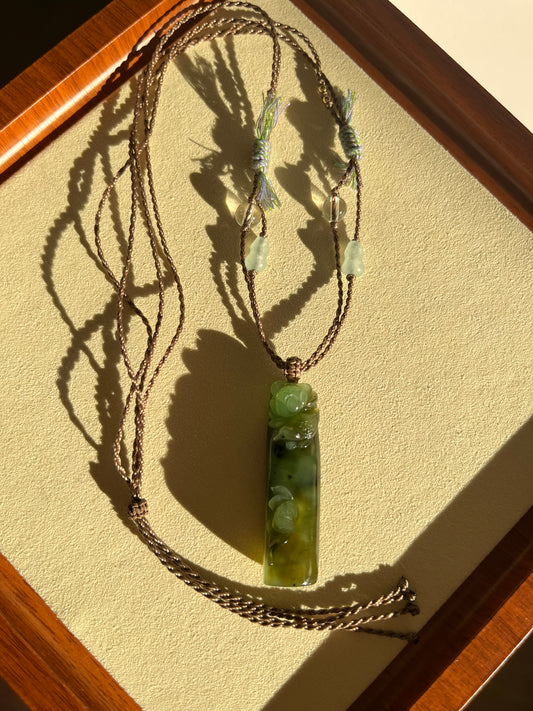 Hand Carved Green Hetian Jade Lotus and Magpie Pendant | 手雕和田碧玉喜鹊荷花吊坠