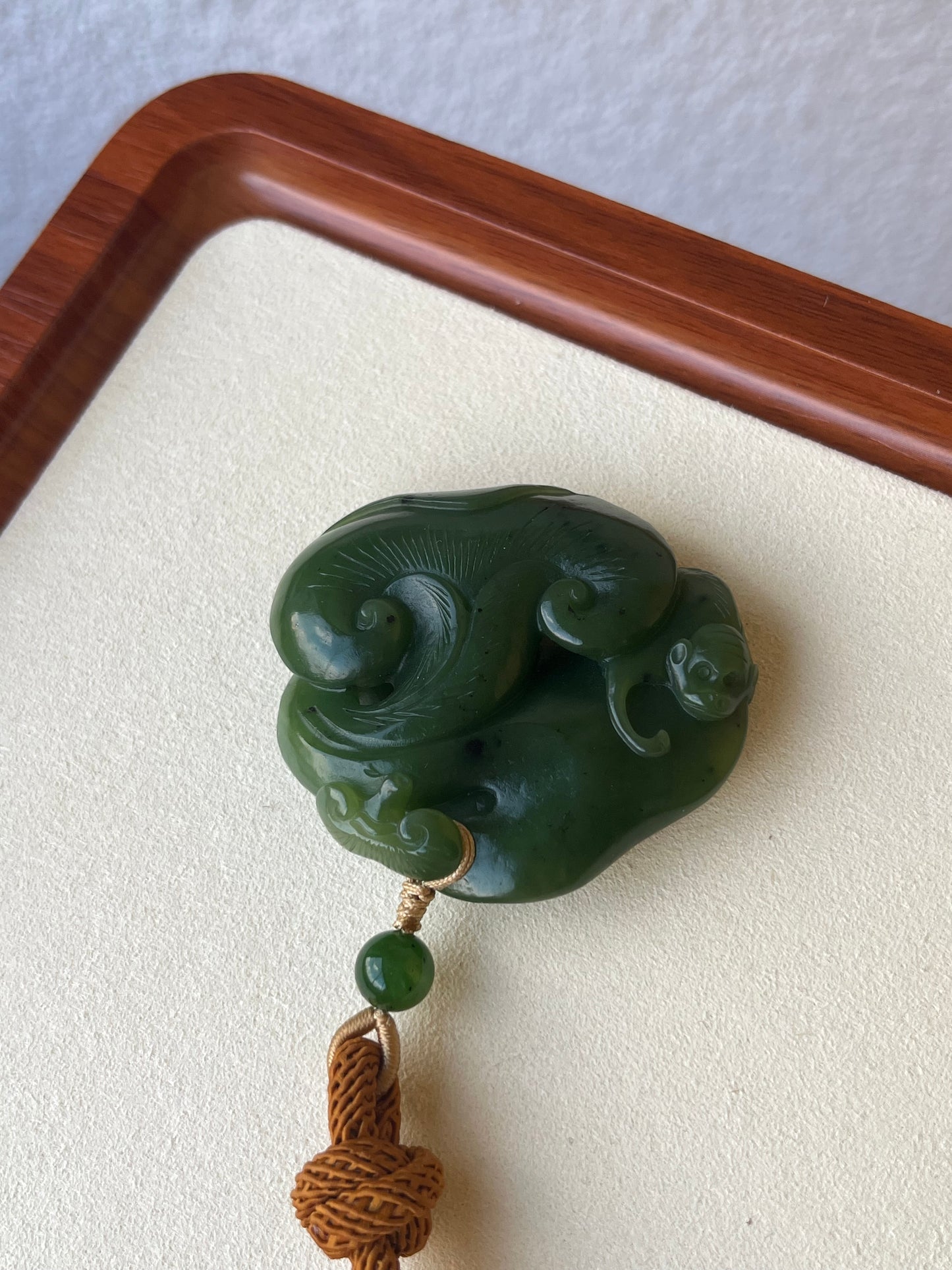 Hand Carved Green Hetian Jade Monkey with Linzhi Ruyi