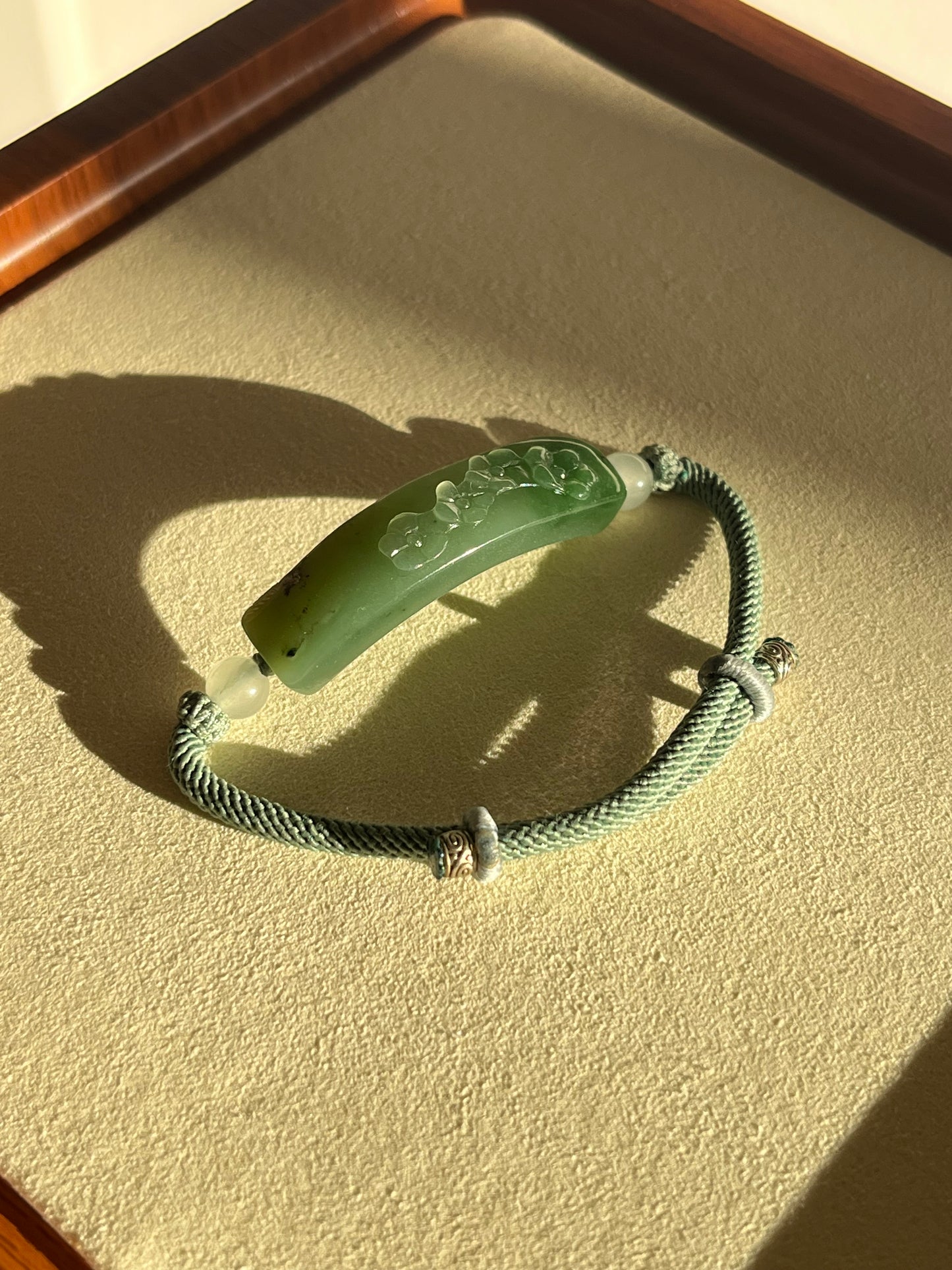 Handmade Bracelet Crafted from Hand Carved Green Hetian Jade Plum Blossom | 碧玉梅花手牌