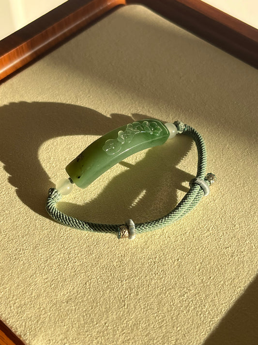 Handmade Bracelet Crafted from Hand Carved Green Hetian Jade Plum Blossom | 碧玉梅花手牌