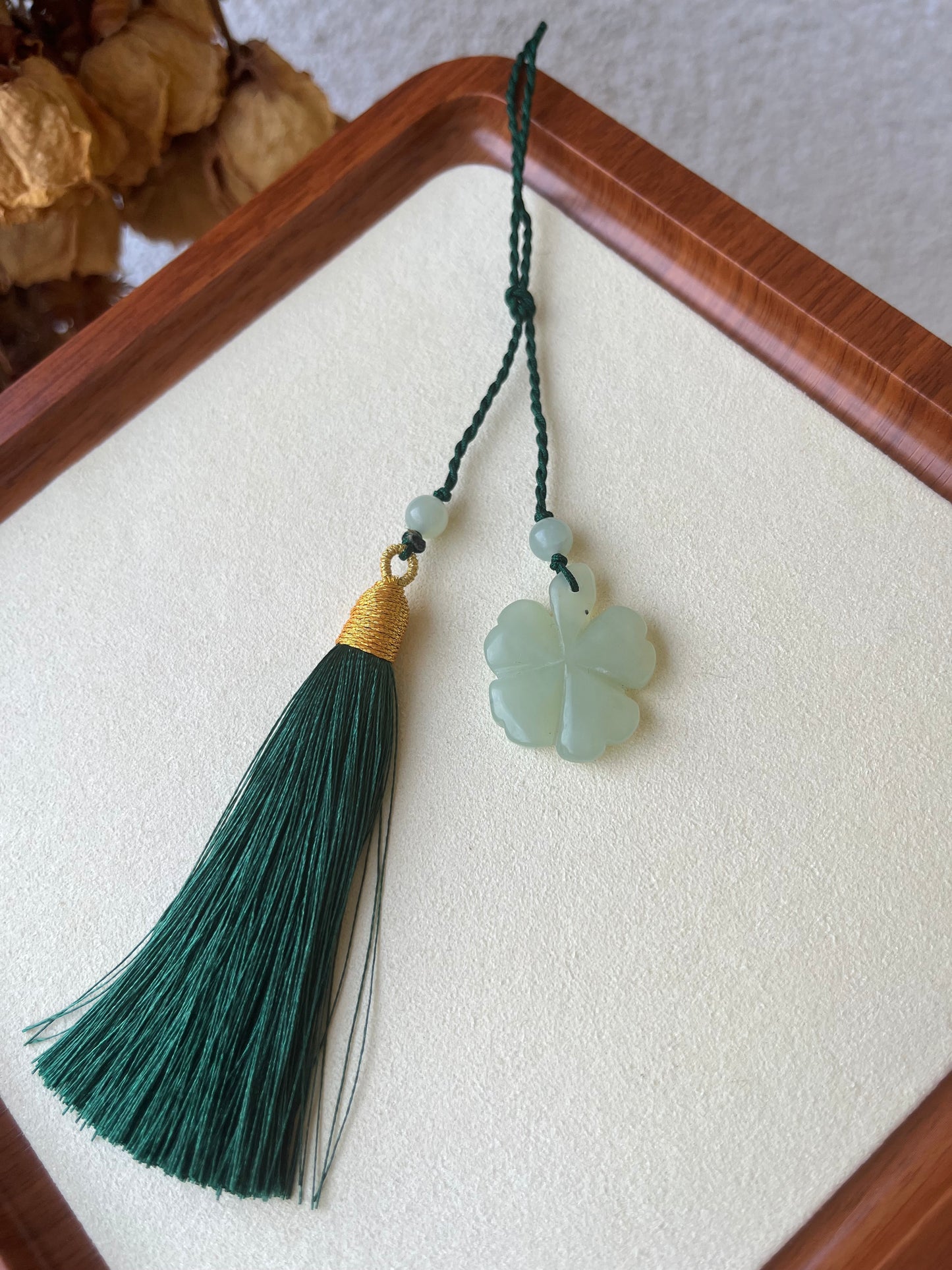 Handmade Xiu Jade Four Leaf Clover Bag Charm | 岫玉四叶草包挂