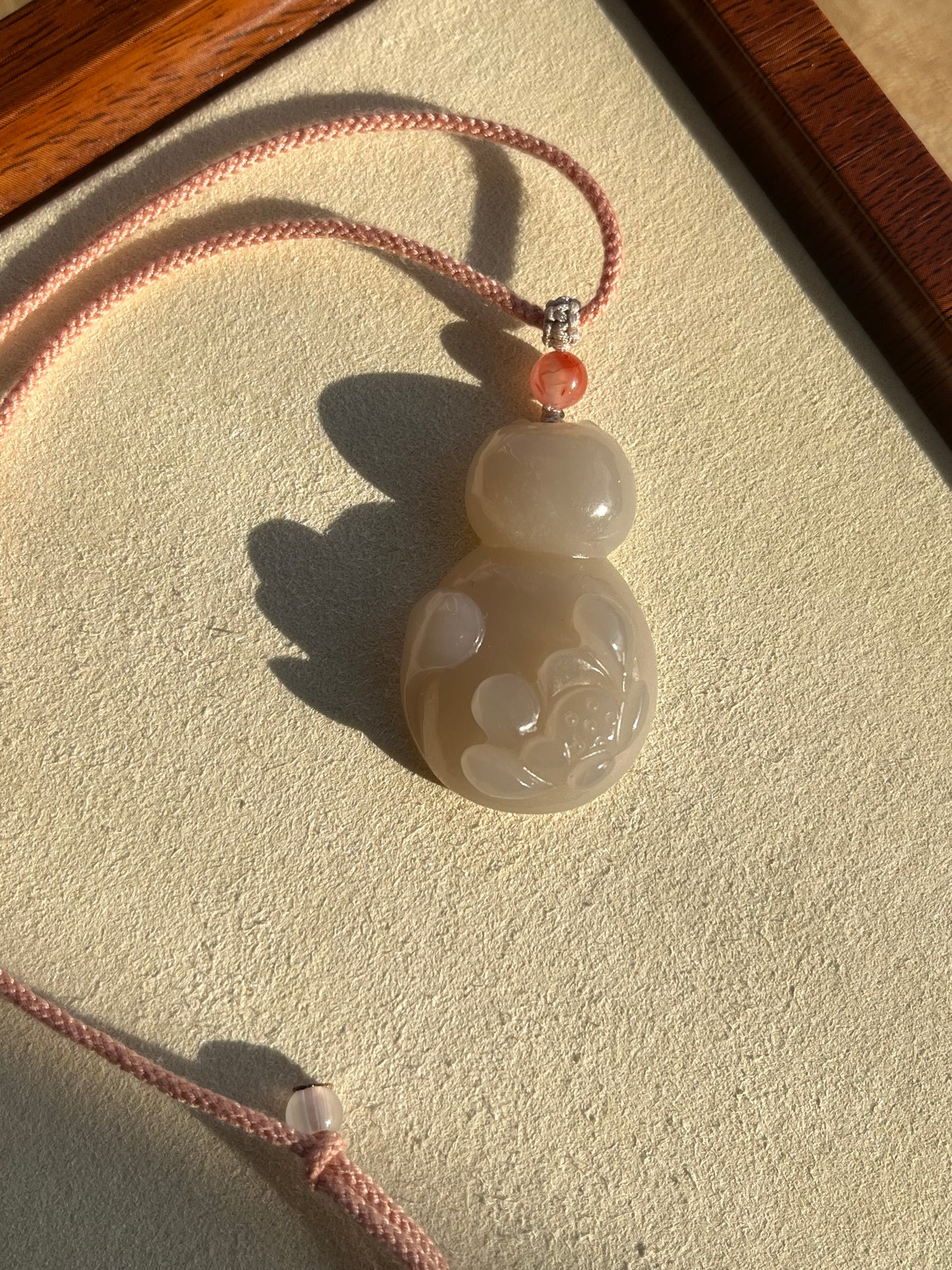Hand Carved Dirty Pink Hetian Jade Lotus in a Cat Shape Pendant | 和田藕粉荷花猫