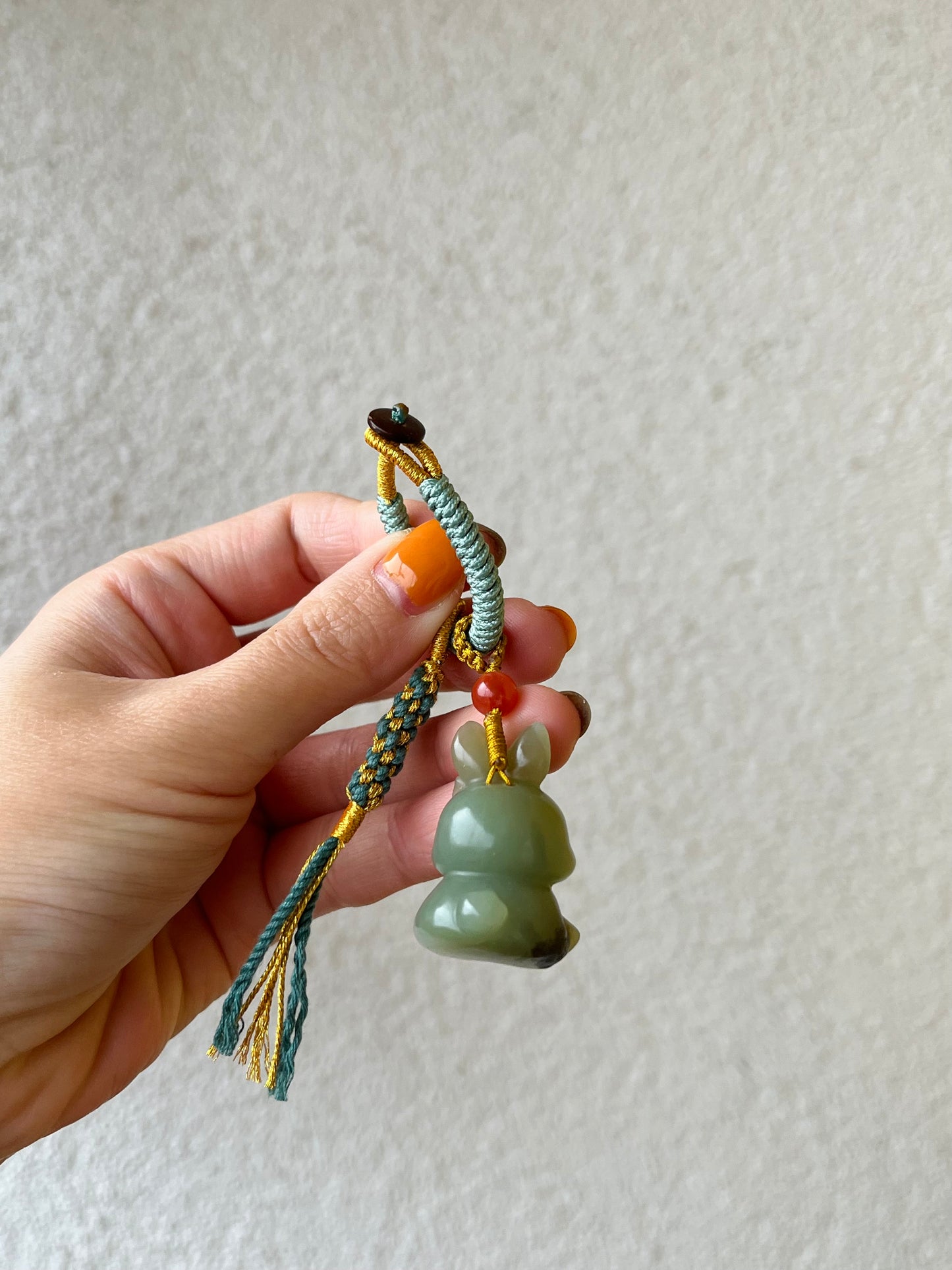 Handmade Bag Charm with a Super Cute Hand Carved Blue Hetian Jade Rabbit