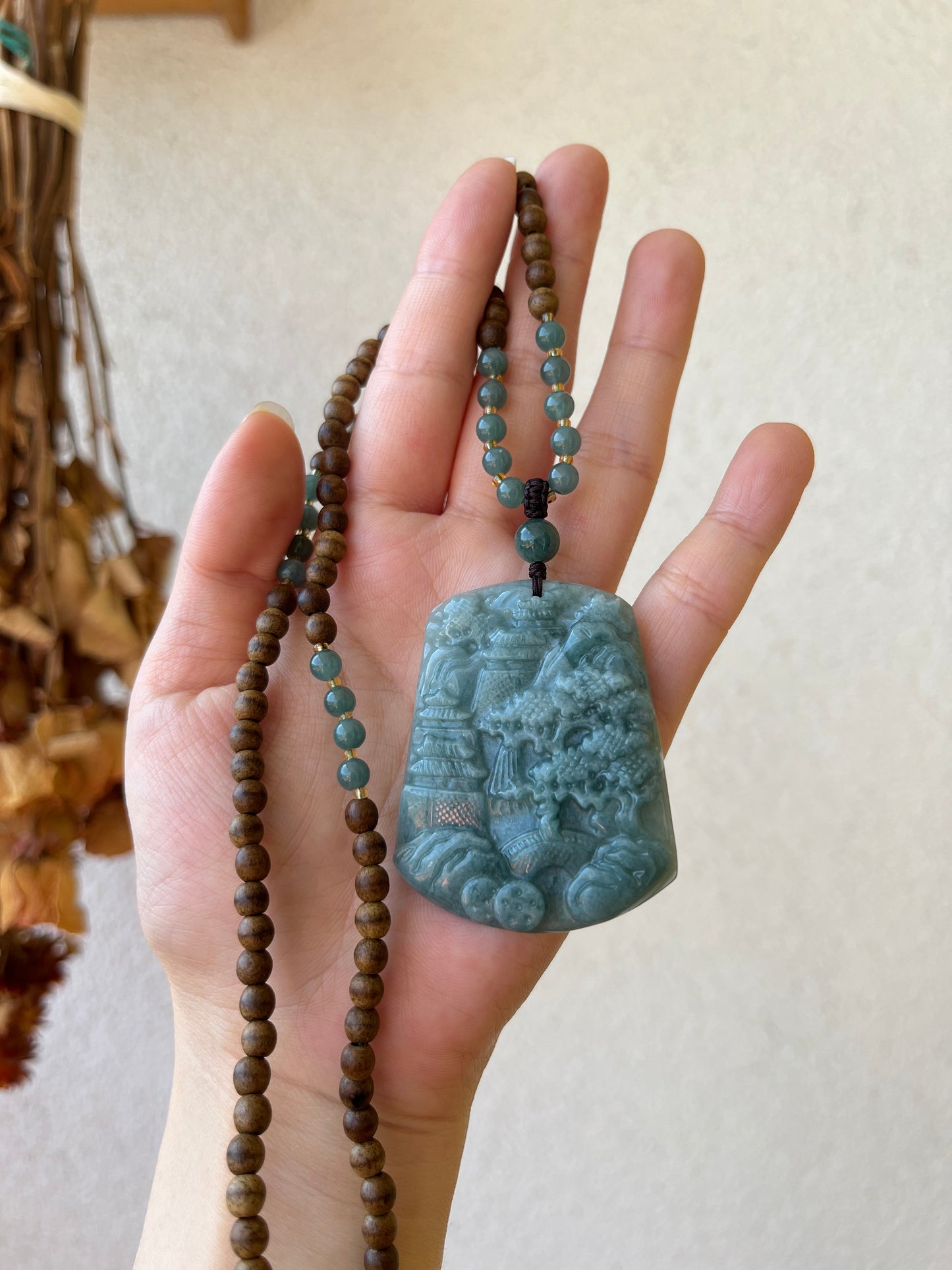 Handmade Necklace with Blue Jadeite Landscape Pendant and Agarwood Beaded (5mm) Cord