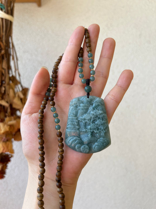 Handmade Necklace with Blue Jadeite Landscape Pendant and Agarwood Beaded (5mm) Cord