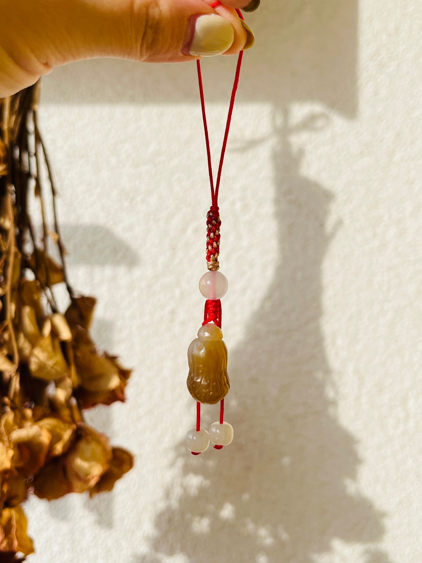 Handmade Phone Charm with a Hand Carved Hetian Jade Cabbage