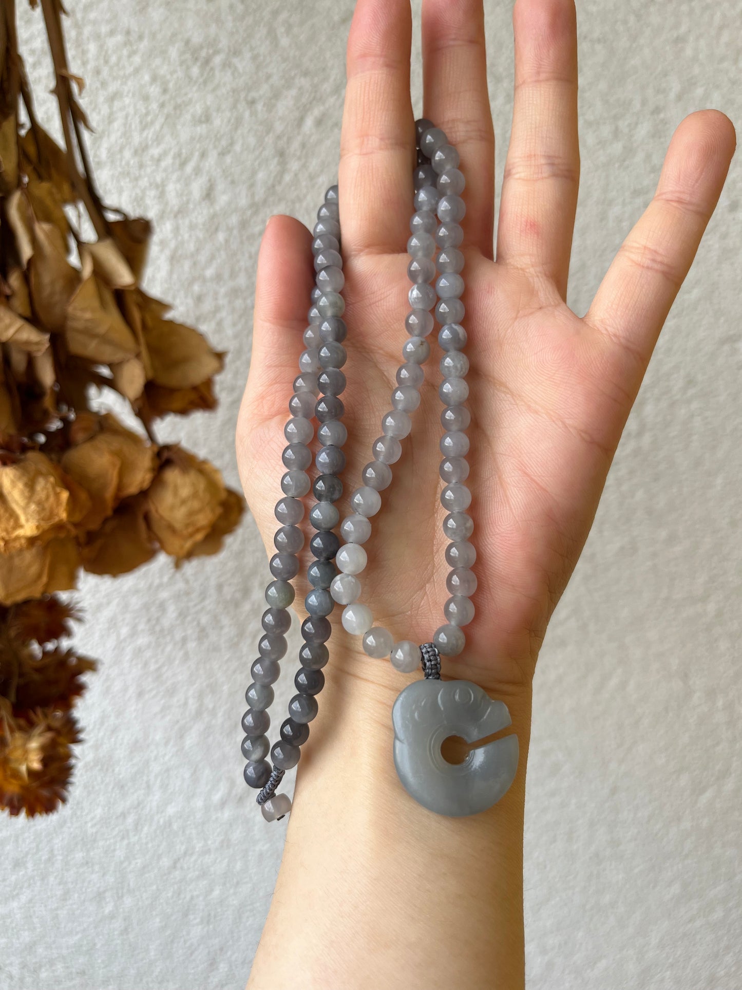 Necklace Crafted from Hetian Jade Smoky Purple Pig Dragon and 6mm Hetian Jade beads