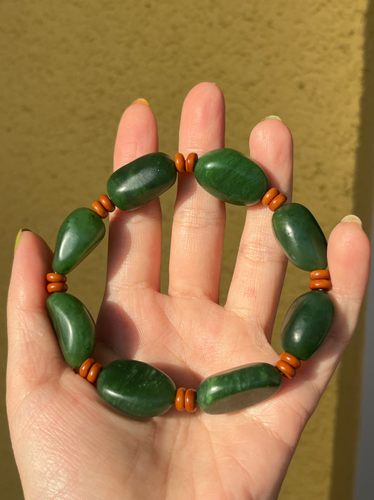 Green Hetian Jade Bracelet with Big Irregular Shaped Beads, 碧玉随形大珠子手串