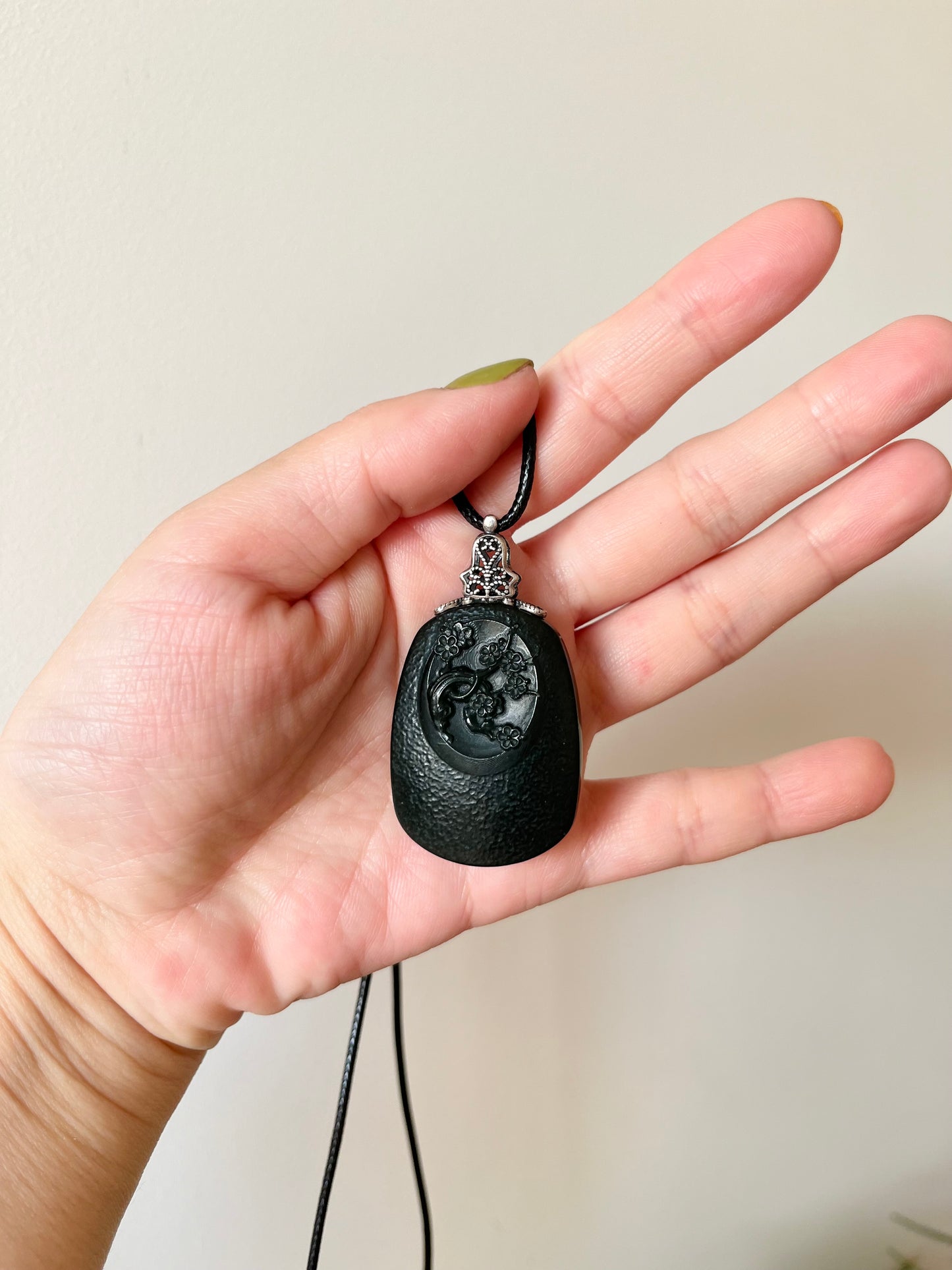 Vintage Style Carved Hetian Jade Plum Blossom Pendant, 和田青玉复古银扣头梅花牌